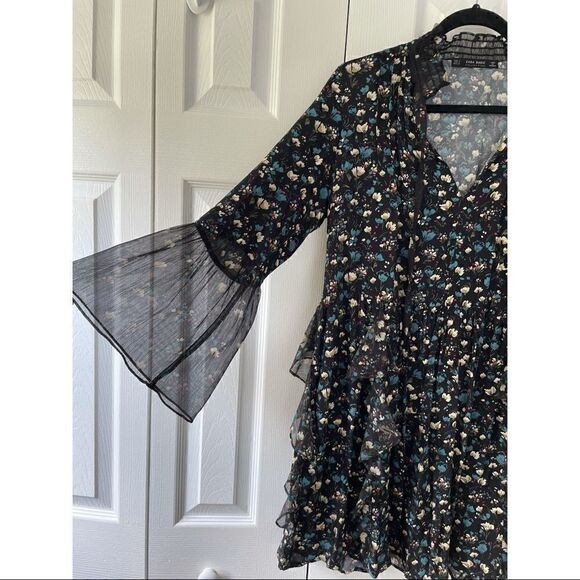 ZARA Floral Printed Lace Mini Long Sleeve Dress with Frills - Picture 11 of 11
